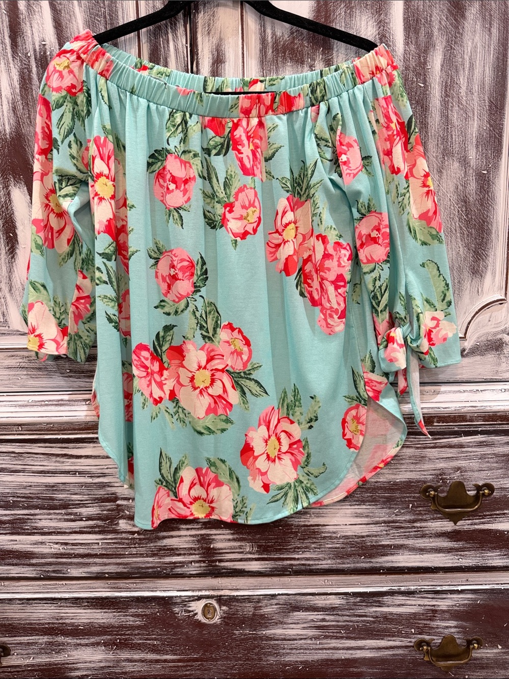 Tickled Teal Aqua Off-Shoulder Floral Tunic with Pink Blooms